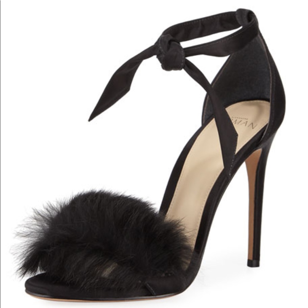 Alexandre Birman Clarita black rabbit fur & suede sandal heel, size 39